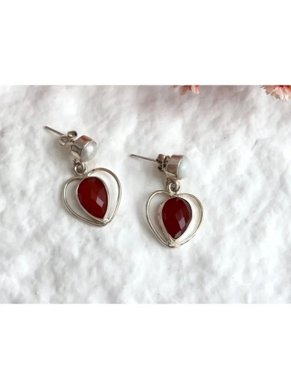 Ruby Corondum & Cultured Pearl Heart Shaped Vintage Sterling Silver 925 Earrings